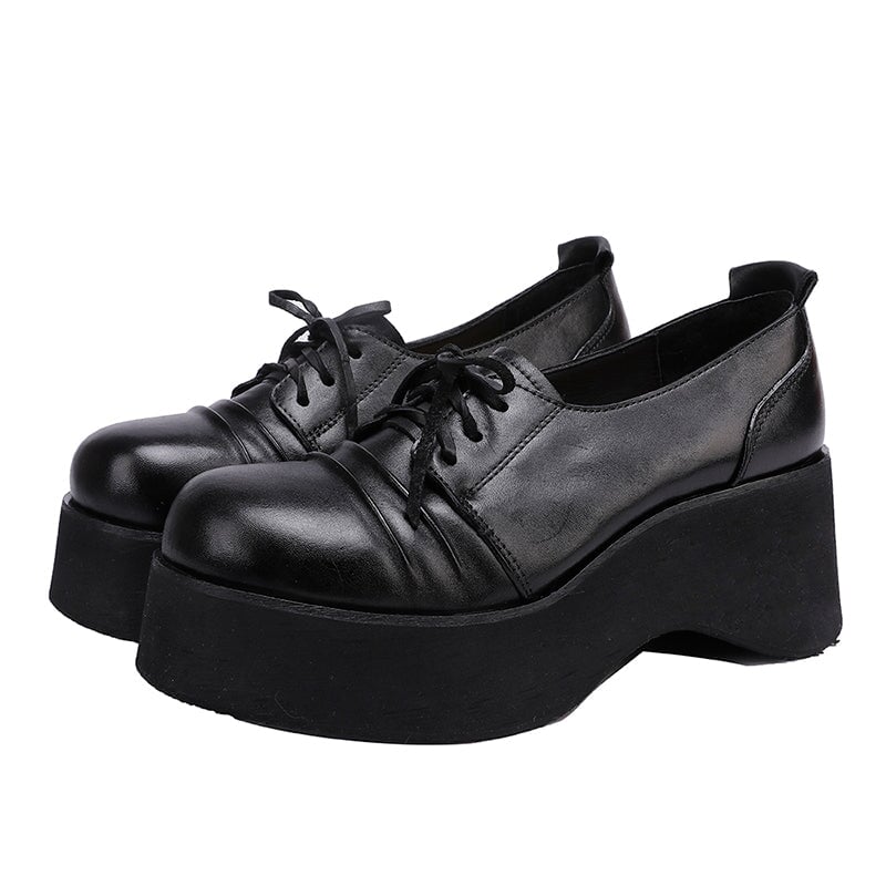 British Style 60mm Horse Leather Chunky Heel Lace-up Platform Oxford Shoes in Black/Coffee