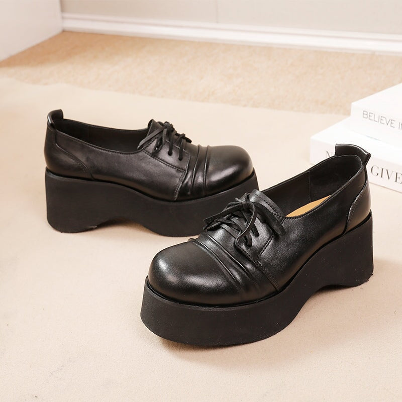 British Style 60mm Horse Leather Chunky Heel Lace-up Platform Oxford Shoes in Black/Coffee