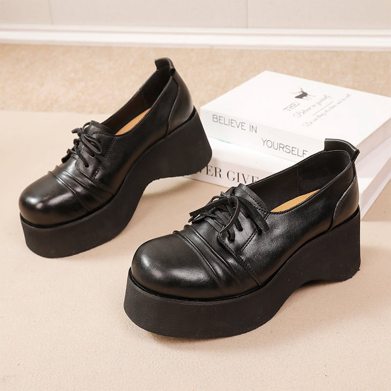 British Style 60mm Horse Leather Chunky Heel Lace-up Platform Oxford Shoes in Black/Coffee