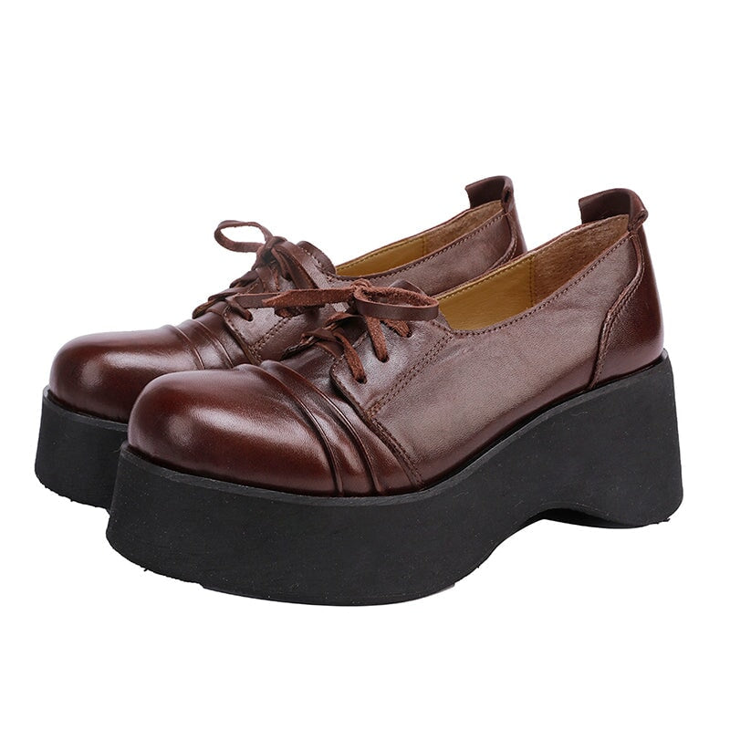 British Style 60mm Horse Leather Chunky Heel Lace-up Platform Oxford Shoes in Black/Coffee