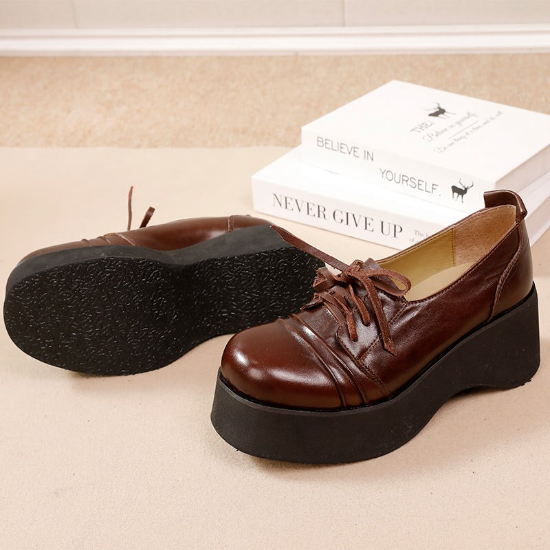 British Style 60mm Horse Leather Chunky Heel Lace-up Platform Oxford Shoes in Black/Coffee