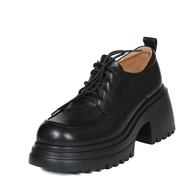 British Style 75mm Chunky Platform Leather Lace-Up Oxford Shoes in Black/Brown