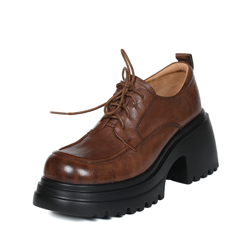 British Style 75mm Chunky Platform Leather Lace-Up Oxford Shoes in Black/Brown
