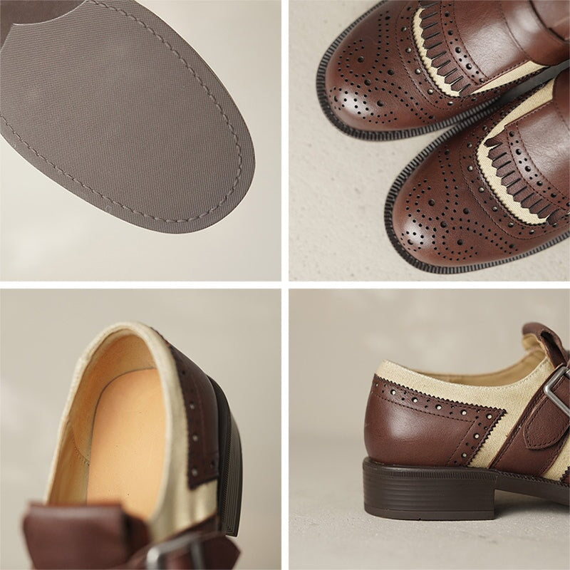 British Style Color-Blocked Cowhide Brogue Loafers with Metal Buckle in Black/Brown