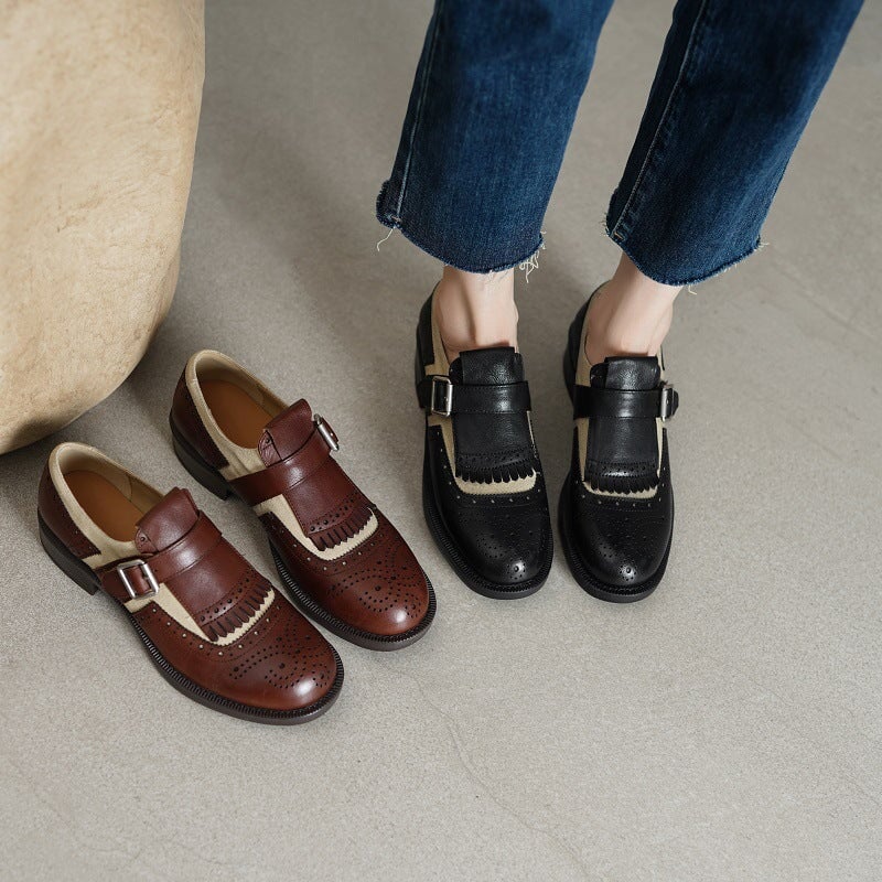 British Style Color-Blocked Cowhide Brogue Loafers with Metal Buckle in Black/Brown