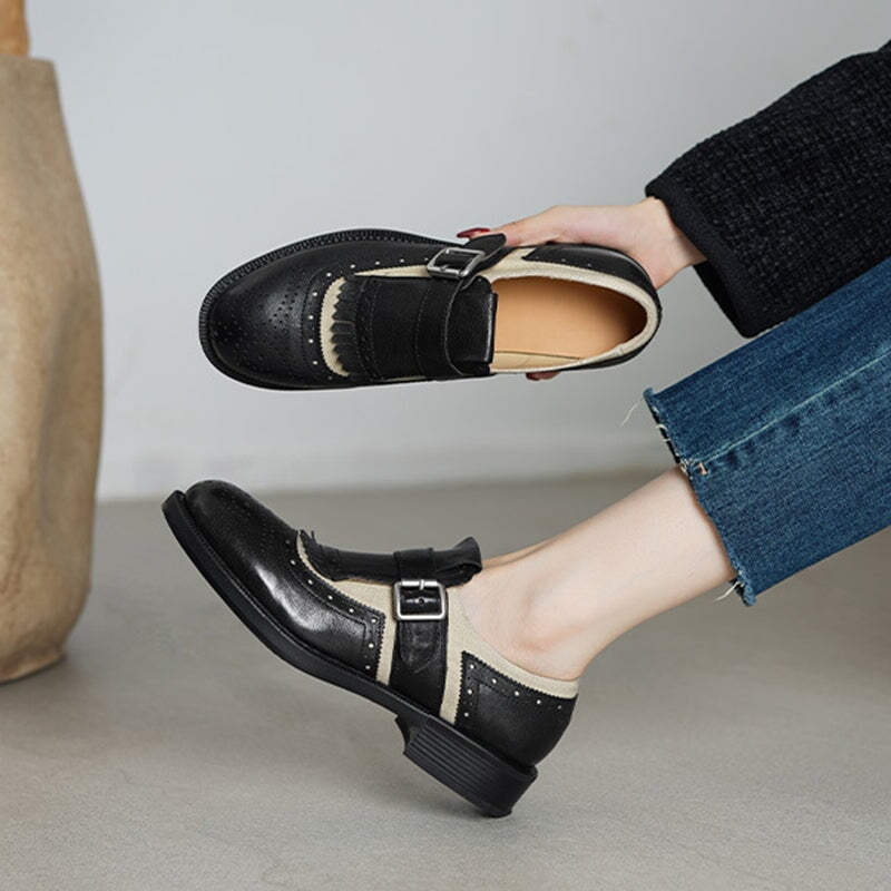 British Style Color-Blocked Cowhide Brogue Loafers with Metal Buckle in Black/Brown