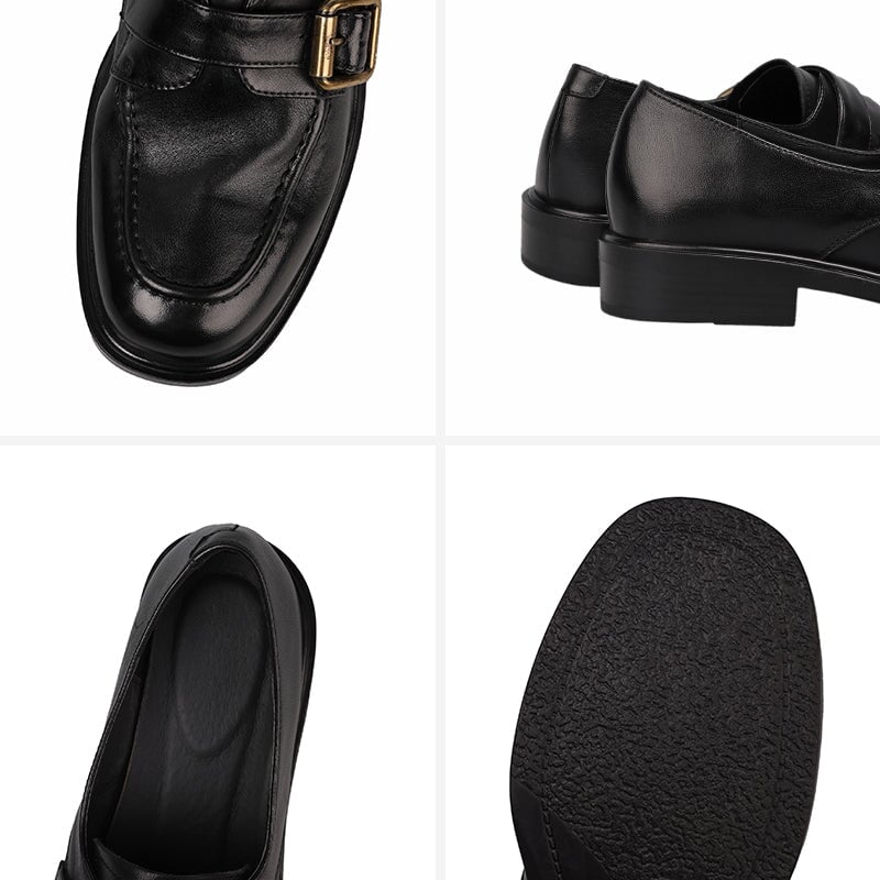 British Style Cow Leather Metal Buckle Loafers for Women in Black/Brown