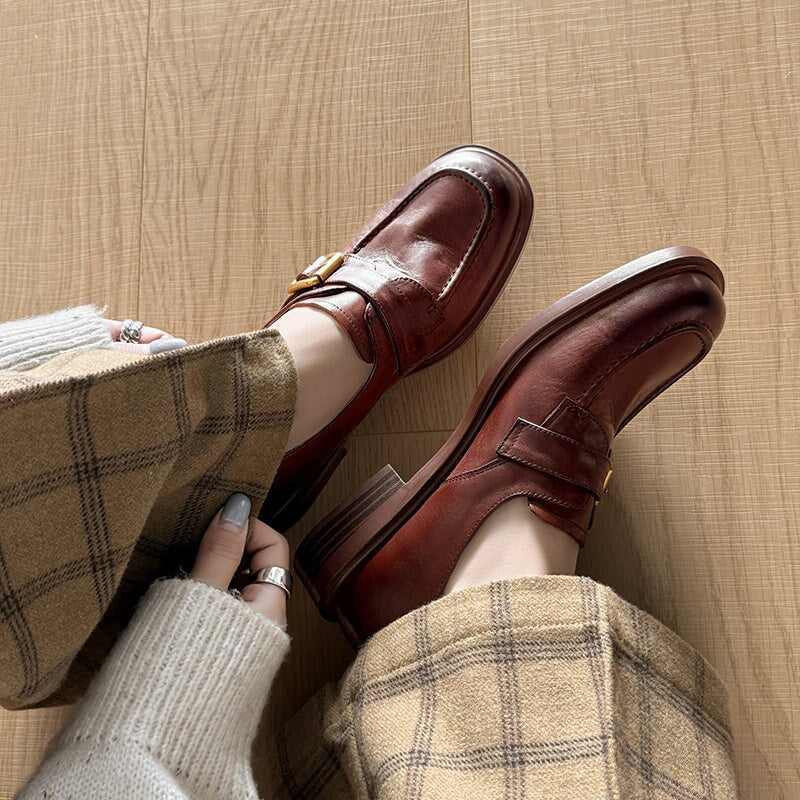 British Style Cow Leather Metal Buckle Loafers for Women in Black/Brown