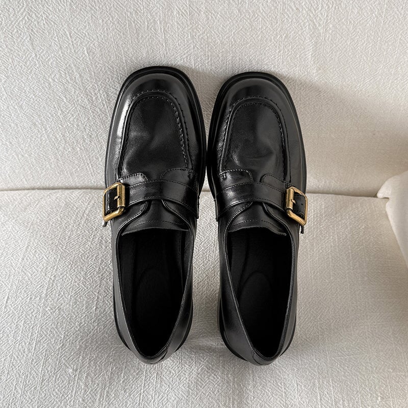 British Style Cow Leather Metal Buckle Loafers for Women in Black/Brown