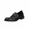 British Style Cow Leather Metal Buckle Loafers for Women in Black/Brown