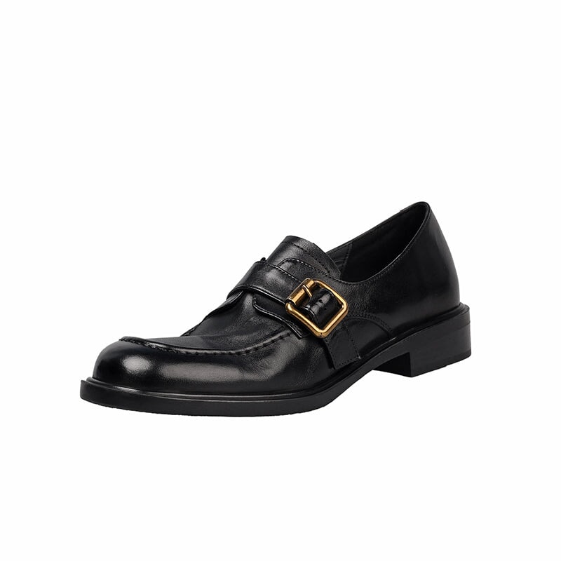 British Style Cow Leather Metal Buckle Loafers for Women in Black/Brown