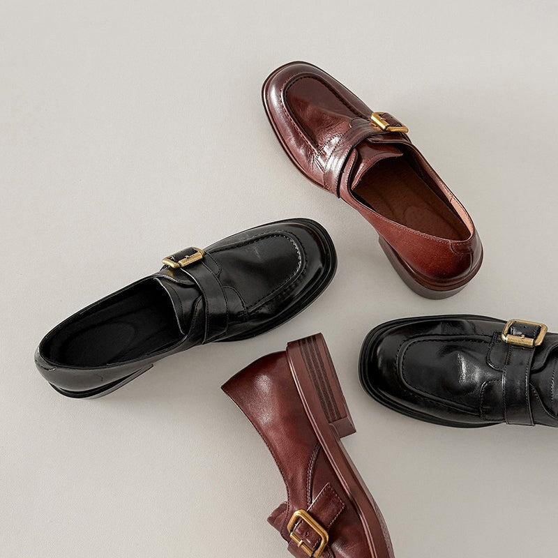 British Style Cow Leather Metal Buckle Loafers for Women in Black/Brown