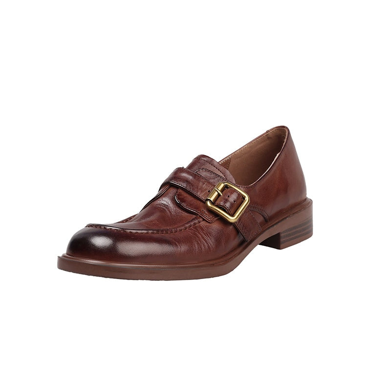 British Style Cow Leather Metal Buckle Loafers for Women in Black/Brown