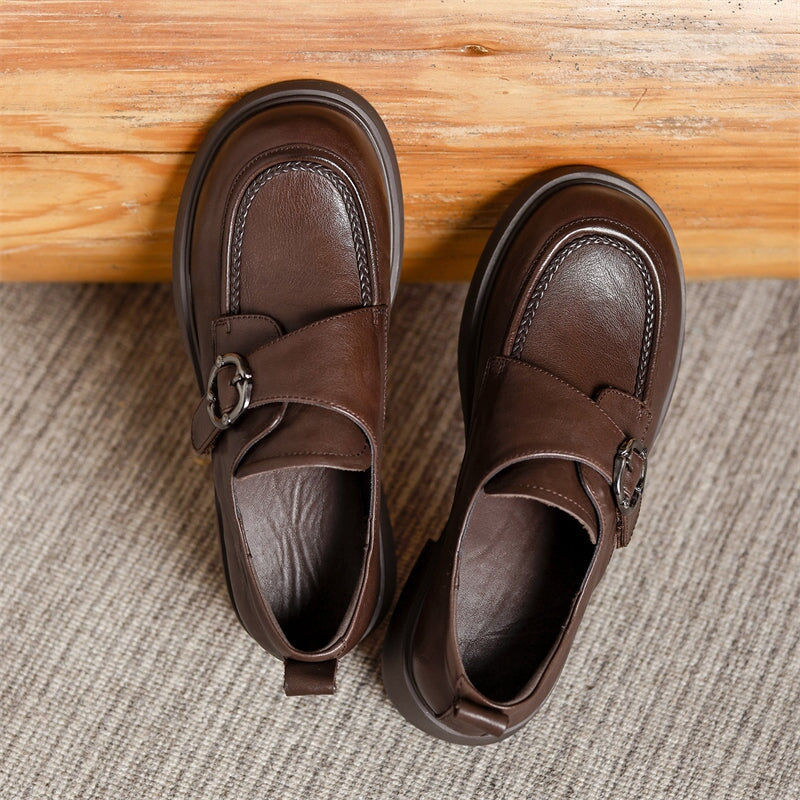 British Style Cow Leather Monk Strap Loafers for Women in Black/Brown
