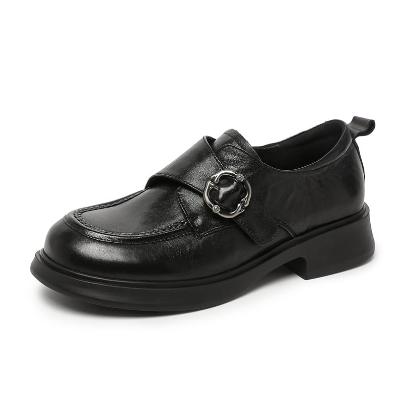 British Style Cow Leather Monk Strap Loafers for Women in Black/Brown