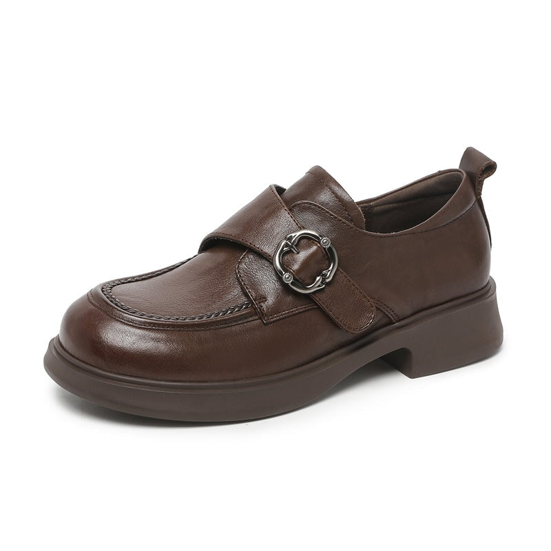 British Style Cow Leather Monk Strap Loafers for Women in Black/Brown