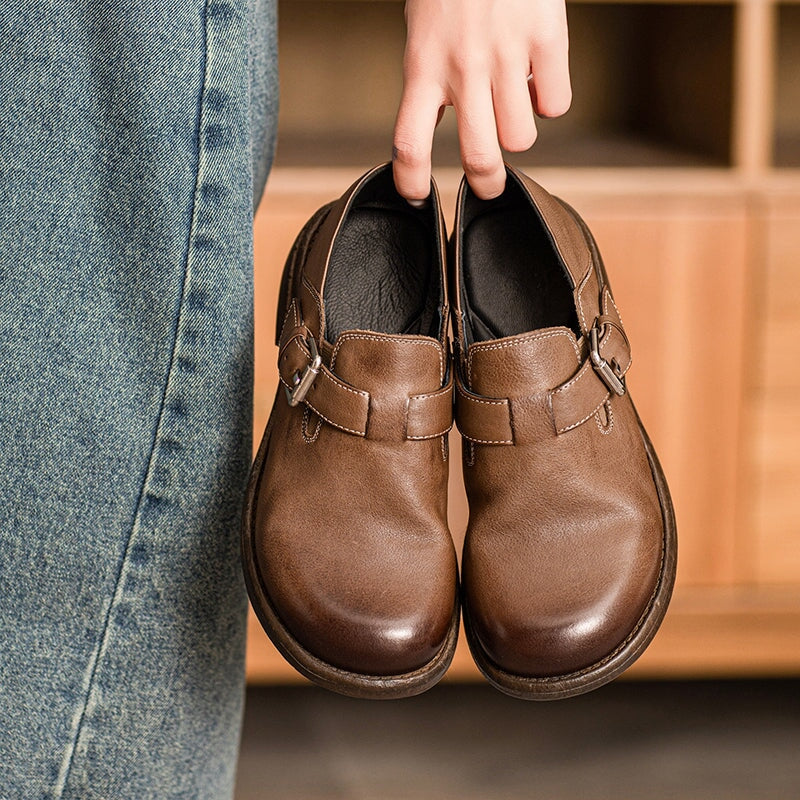 British-Style Handmade Cow Leather Slip-On Loafers with Metal Buckle in Black/Khaki