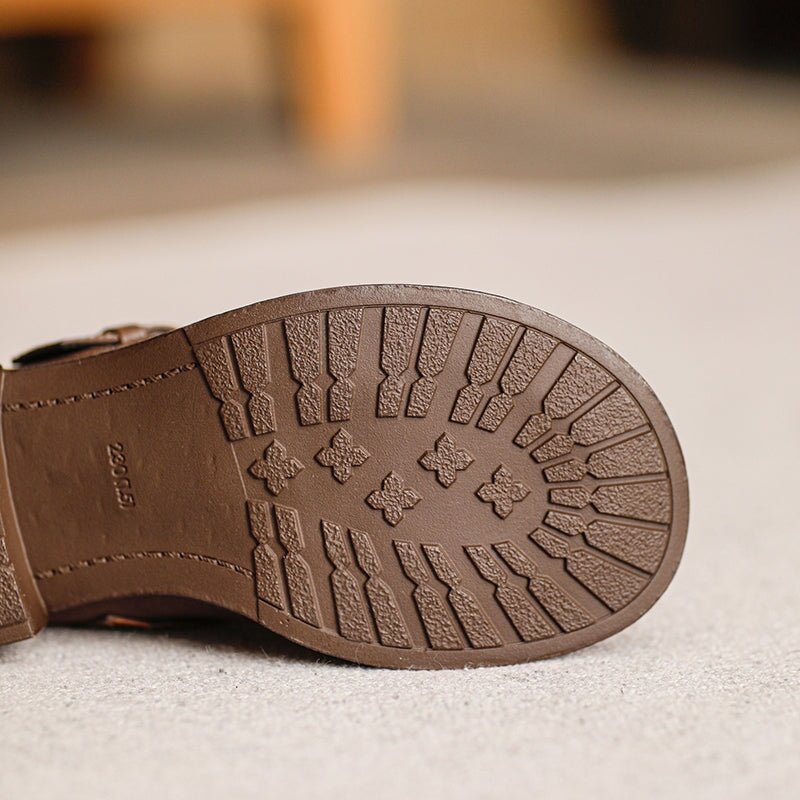 British-Style Handmade Cow Leather Slip-On Loafers with Metal Buckle in Black/Khaki