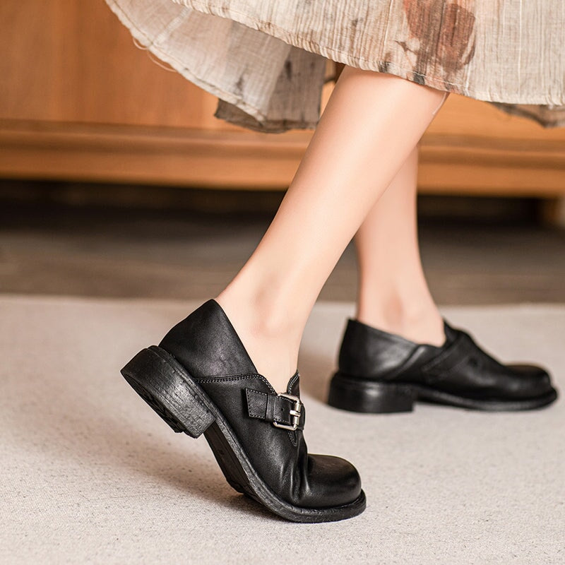 British-Style Handmade Cow Leather Slip-On Loafers with Metal Buckle in Black/Khaki
