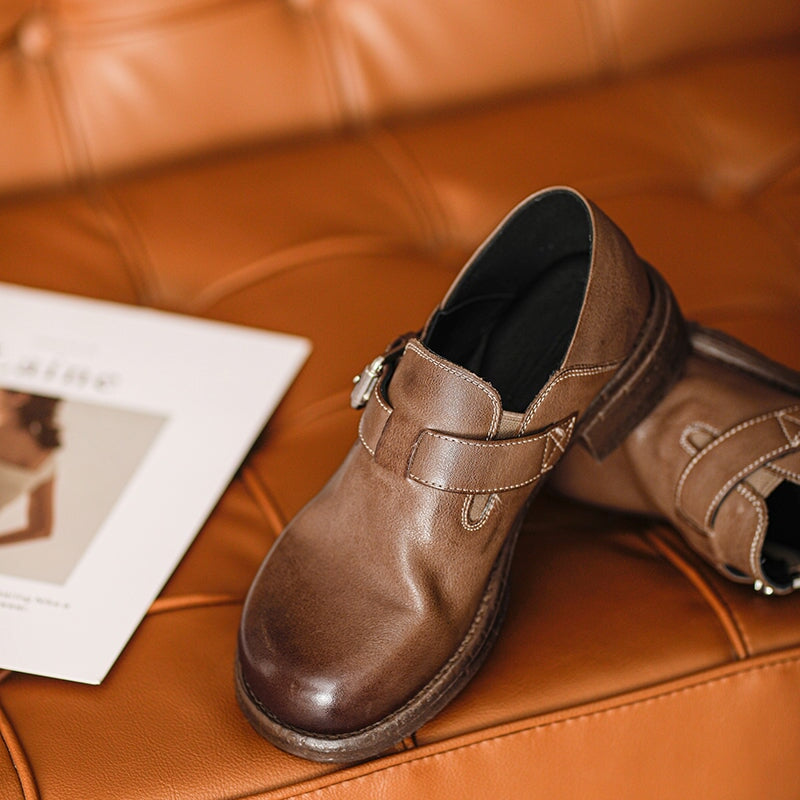 British-Style Handmade Cow Leather Slip-On Loafers with Metal Buckle in Black/Khaki