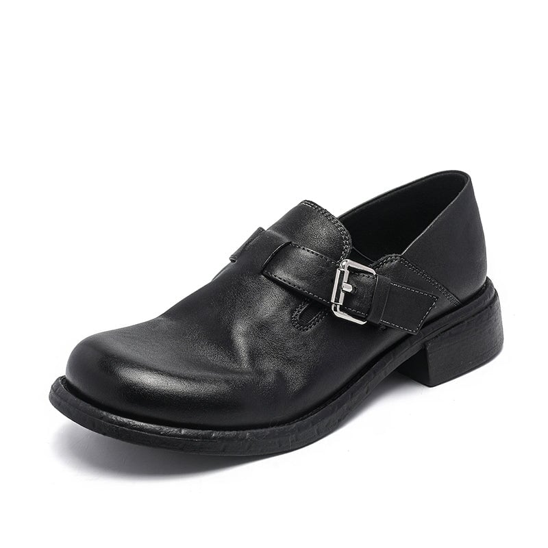 British-Style Handmade Cow Leather Slip-On Loafers with Metal Buckle in Black/Khaki