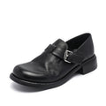 British-Style Handmade Cow Leather Slip-On Loafers with Metal Buckle in Black/Khaki