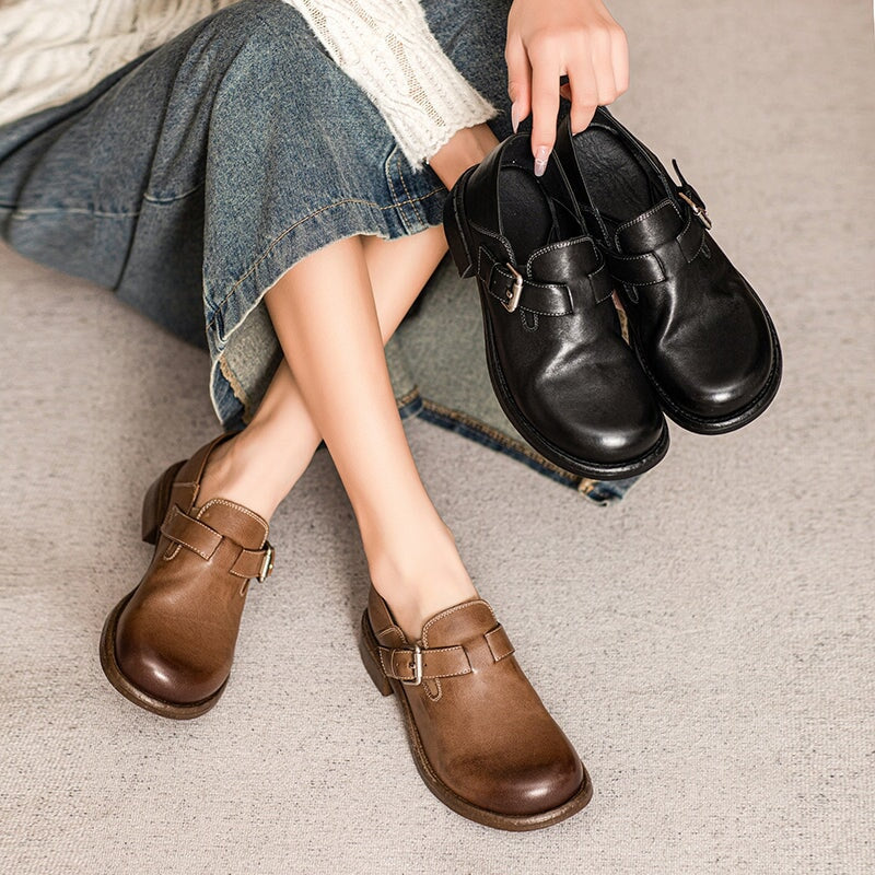 British-Style Handmade Cow Leather Slip-On Loafers with Metal Buckle in Black/Khaki