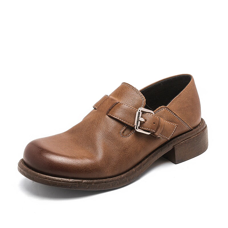 British-Style Handmade Cow Leather Slip-On Loafers with Metal Buckle in Black/Khaki
