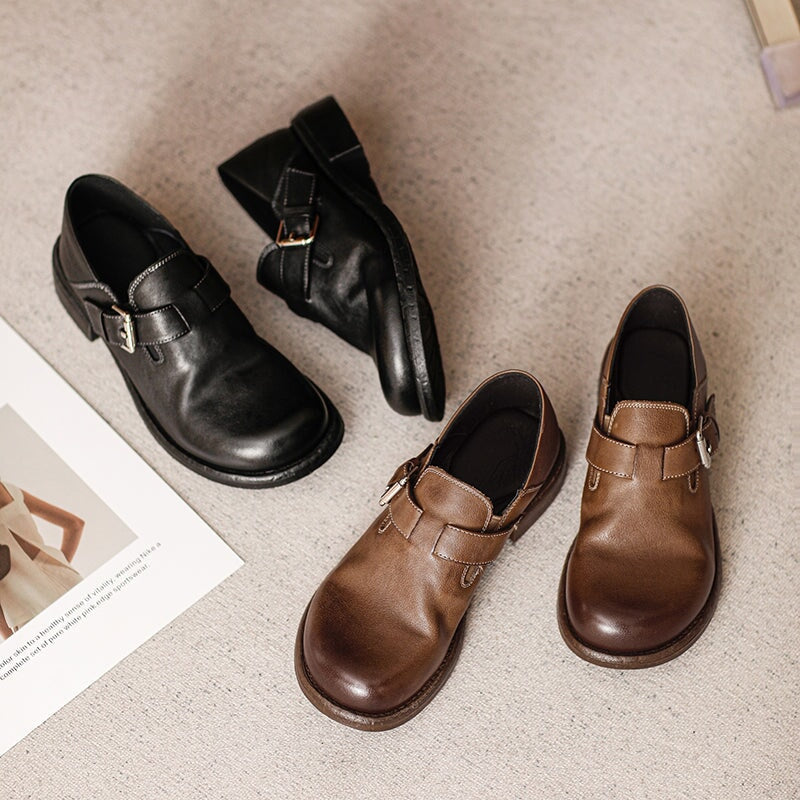British-Style Handmade Cow Leather Slip-On Loafers with Metal Buckle in Black/Khaki