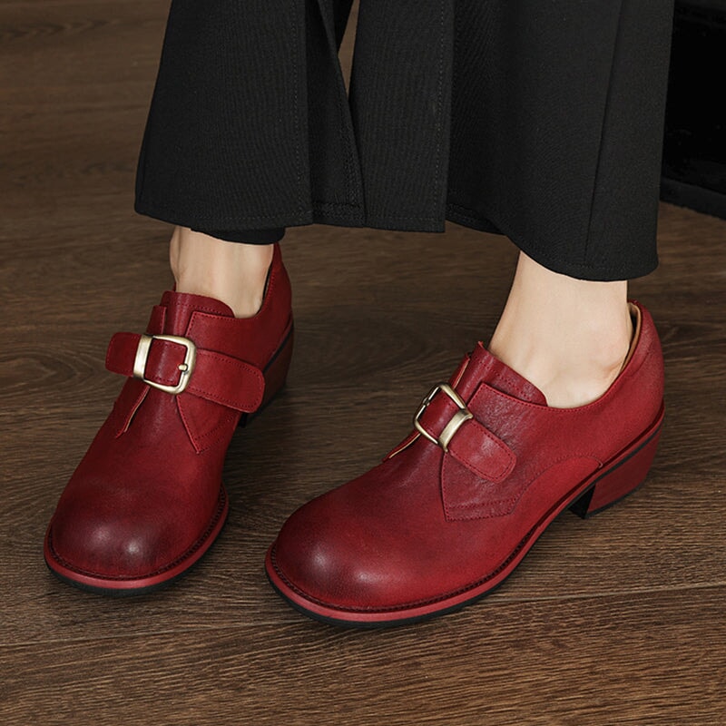 British Style Horse Leather Loafers for Women with Metal Buckle Round Toe in Black/Red/Brown