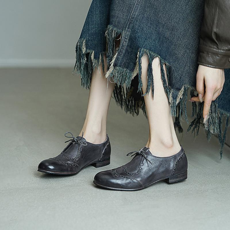 British Style Lace-Up Brogue Loafers | Round Toe Washed Horse Leather Shoes Black/Brown/Grey