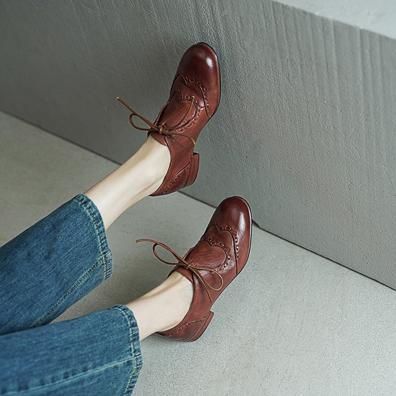 British Style Lace-Up Brogue Loafers | Round Toe Washed Horse Leather Shoes Black/Brown/Grey