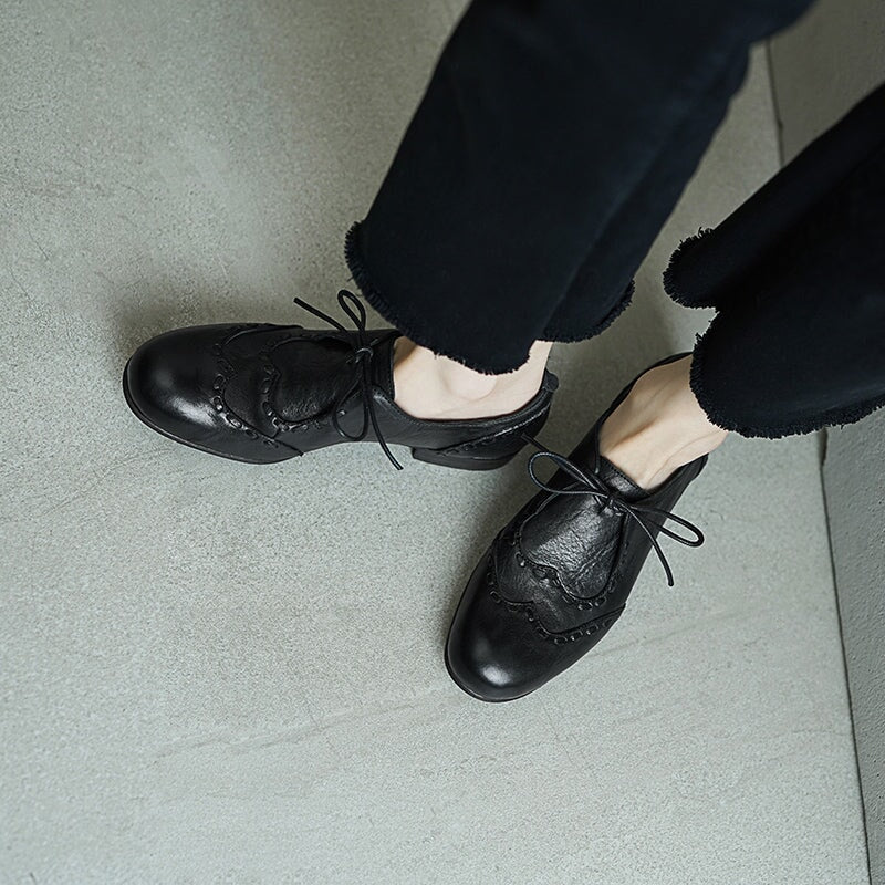 British Style Lace-Up Brogue Loafers | Round Toe Washed Horse Leather Shoes Black/Brown/Grey