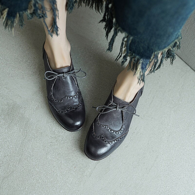 British Style Lace-Up Brogue Loafers | Round Toe Washed Horse Leather Shoes Black/Brown/Grey