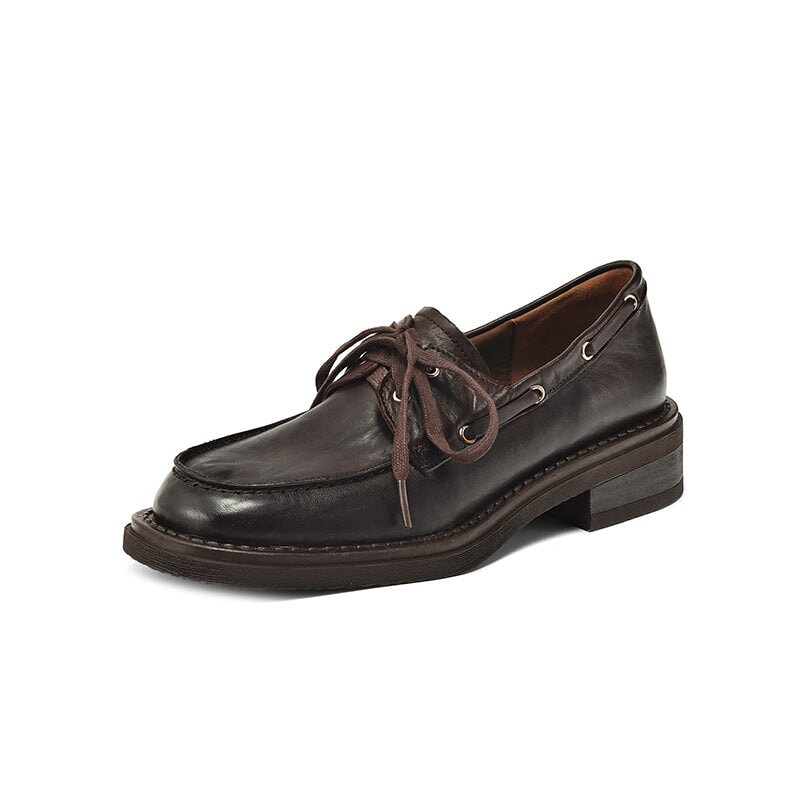 British Style Lace-up Waxing Cow Leather Boat Shoes for Women in Coffee/Black