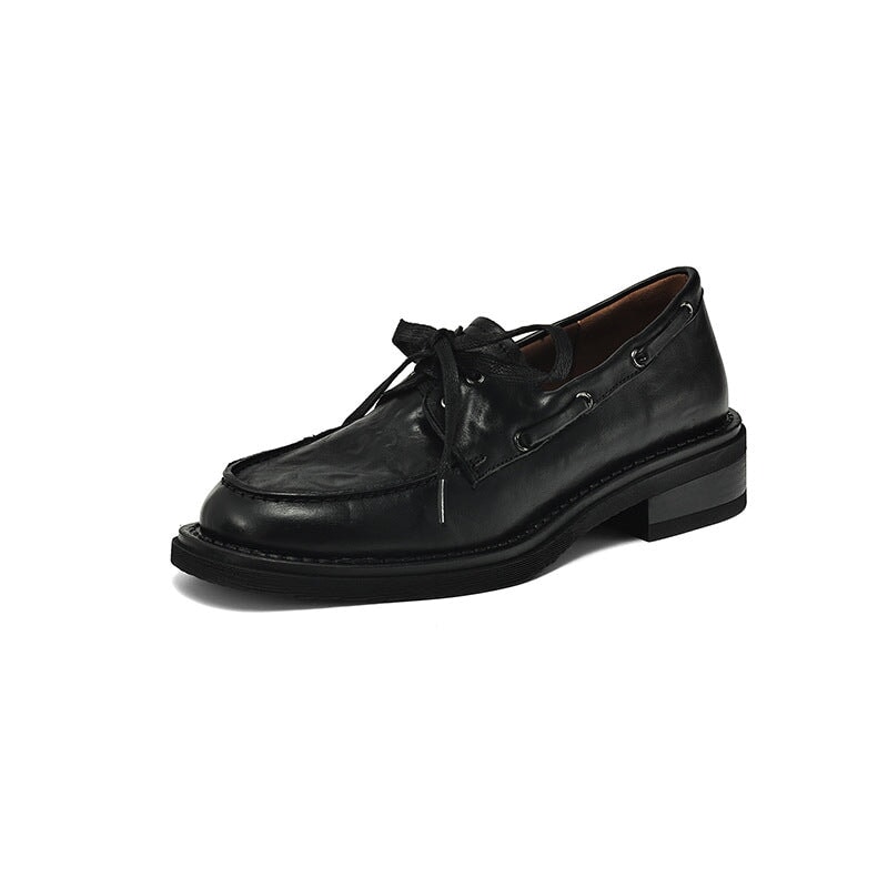 British Style Lace-up Waxing Cow Leather Boat Shoes for Women in Coffee/Black