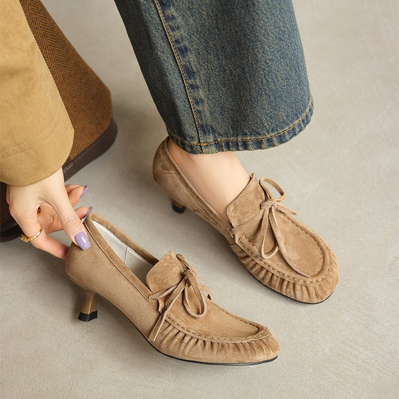 British Style Leather Moccasin Stitch Kitten Heel Pumps with Bow in Brown/Blue/Silver