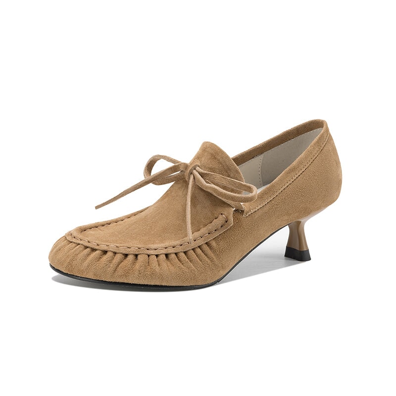 British Style Leather Moccasin Stitch Kitten Heel Pumps with Bow in Brown/Blue/Silver