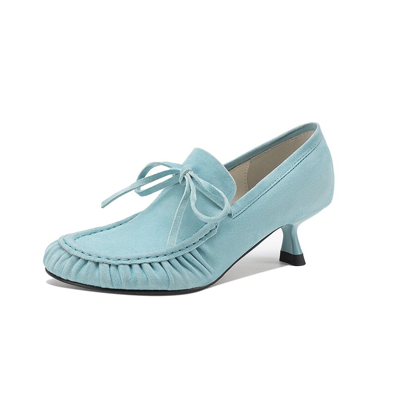 British Style Leather Moccasin Stitch Kitten Heel Pumps with Bow in Brown/Blue/Silver