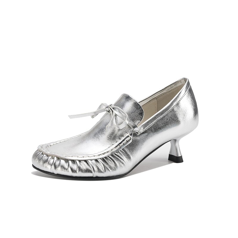 British Style Leather Moccasin Stitch Kitten Heel Pumps with Bow in Brown/Blue/Silver