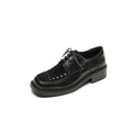 British Style Patchwork Woven Leather Platform Derby Shoes for Women in Black/Brown