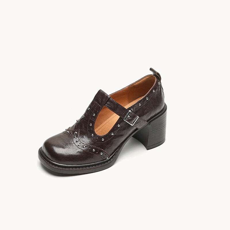 British Style Sheepskin Mary Jane T-Strap Round Toe Block Heel  in Brown/Black
