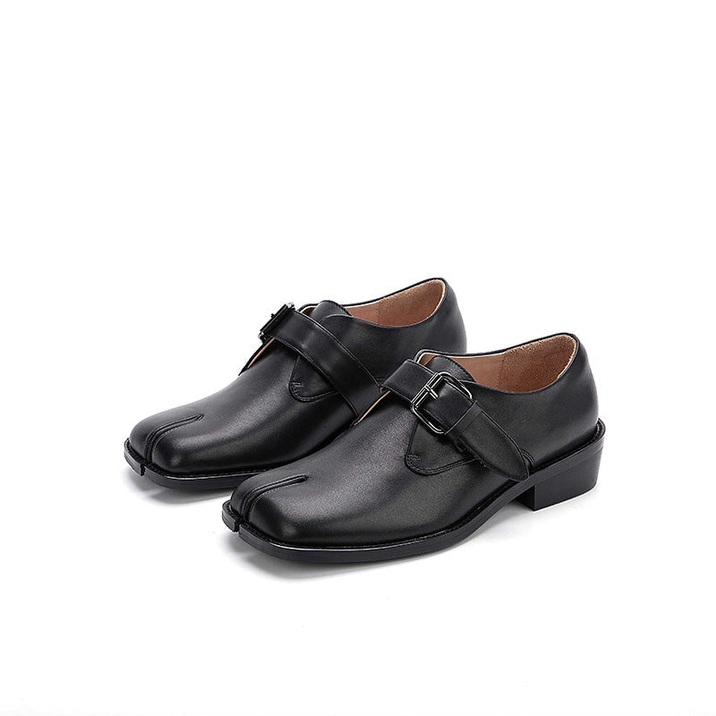 British Style Split-Toe Monk Strap Leather Loafers for Women in Black