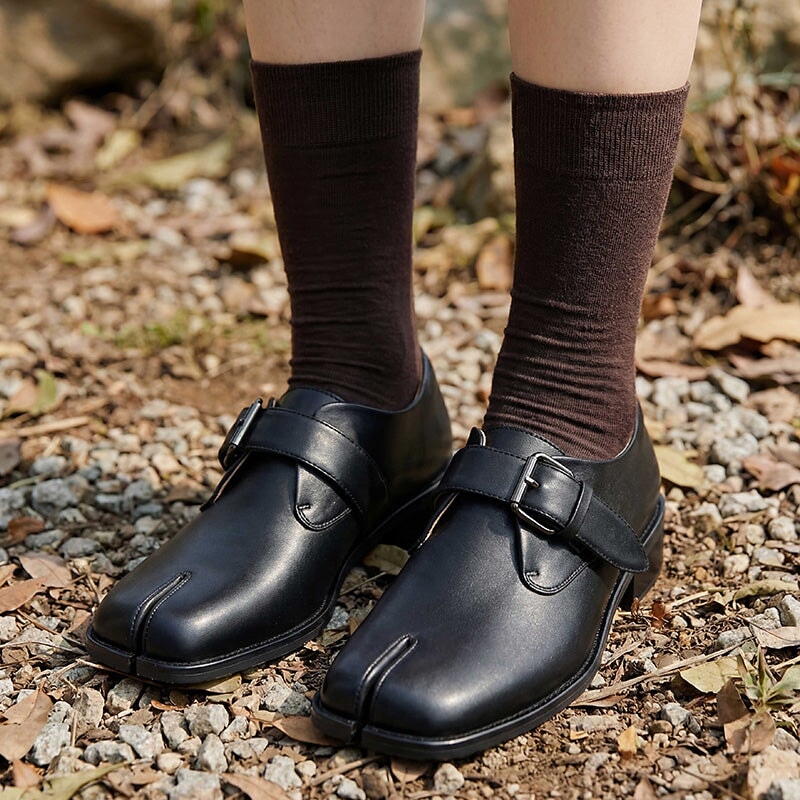 British Style Split-Toe Monk Strap Leather Loafers for Women in Black