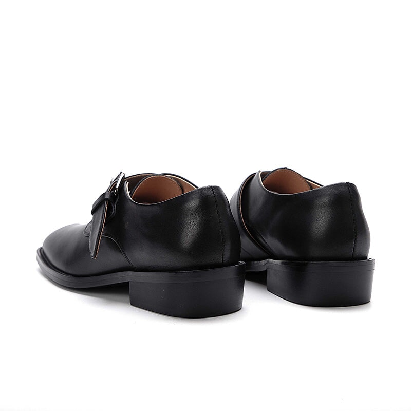 British Style Split-Toe Monk Strap Leather Loafers for Women in Black
