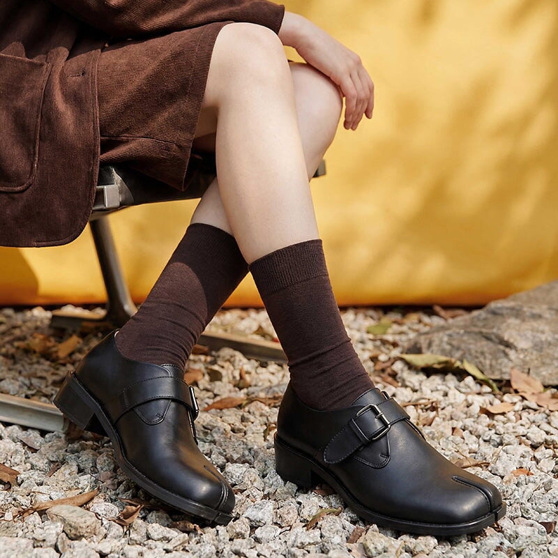British Style Split-Toe Monk Strap Leather Loafers for Women in Black