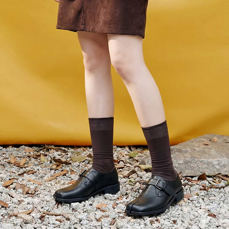 British Style Split-Toe Monk Strap Leather Loafers for Women in Black
