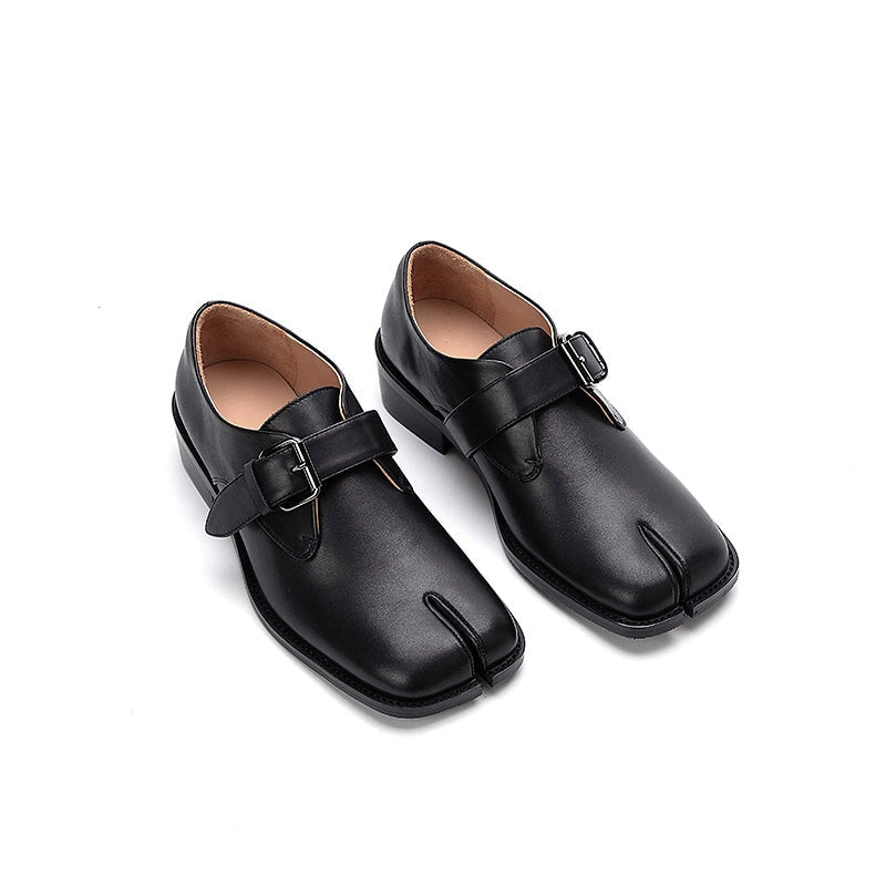 British Style Split-Toe Monk Strap Leather Loafers for Women in Black