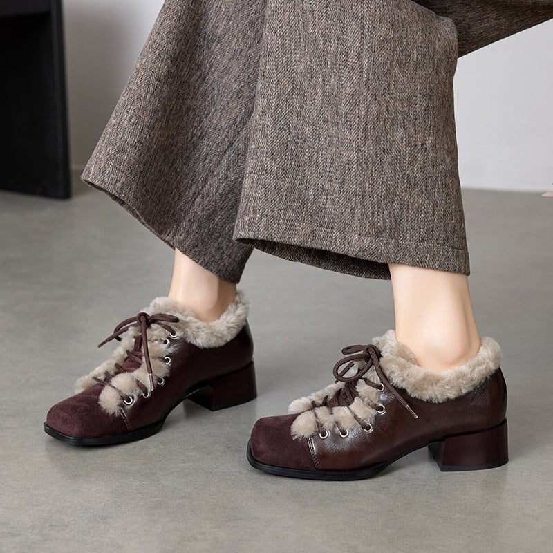 British Style Square Toe Lace-Up Shaggy Sheepskin Oxford Shoes in Black/Brown