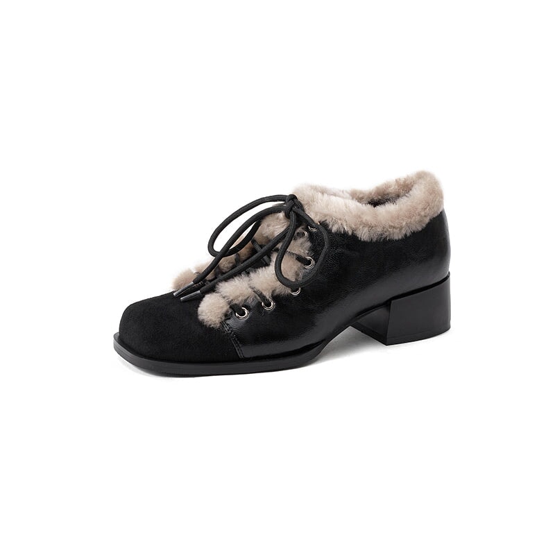 British Style Square Toe Lace-Up Shaggy Sheepskin Oxford Shoes in Black/Brown